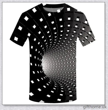 Captivating 3D swirl print design on a high-quality polyester t-shirt for a stylish and attention-grabbing look.