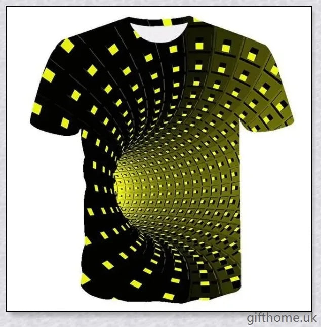 Captivating 3D swirl print design on a high-quality polyester t-shirt for a stylish and attention-grabbing look.