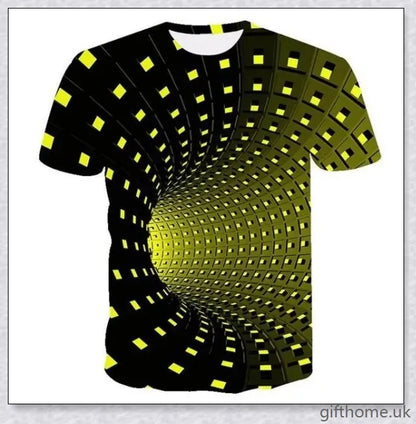 Captivating 3D swirl print design on a high-quality polyester t-shirt for a stylish and attention-grabbing look.