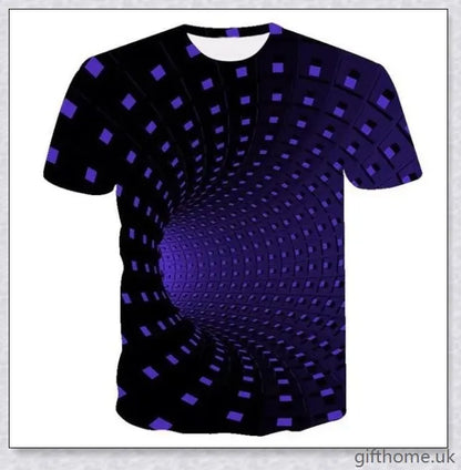 Captivating 3D swirl print design on a high-quality polyester t-shirt for a stylish and attention-grabbing look.