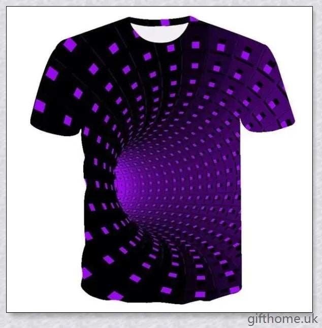 Captivating 3D swirl print design on a high-quality polyester t-shirt for a stylish and attention-grabbing look.