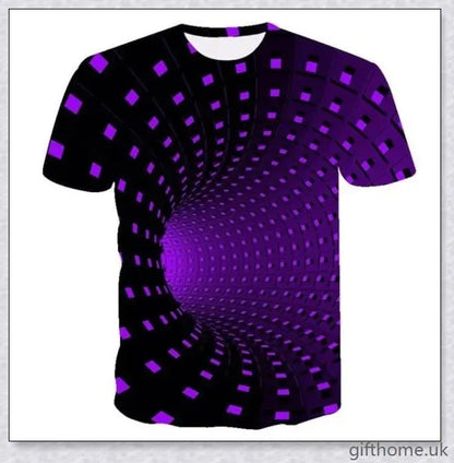 Captivating 3D swirl print design on a high-quality polyester t-shirt for a stylish and attention-grabbing look.