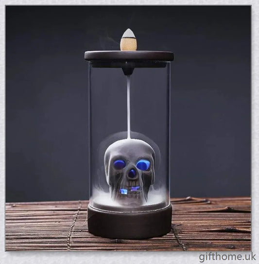 Backflow LED Skull Incense Burner with mesmerising smoke display and colour-changing lights, perfect for Halloween and Gothic-inspired home decor
