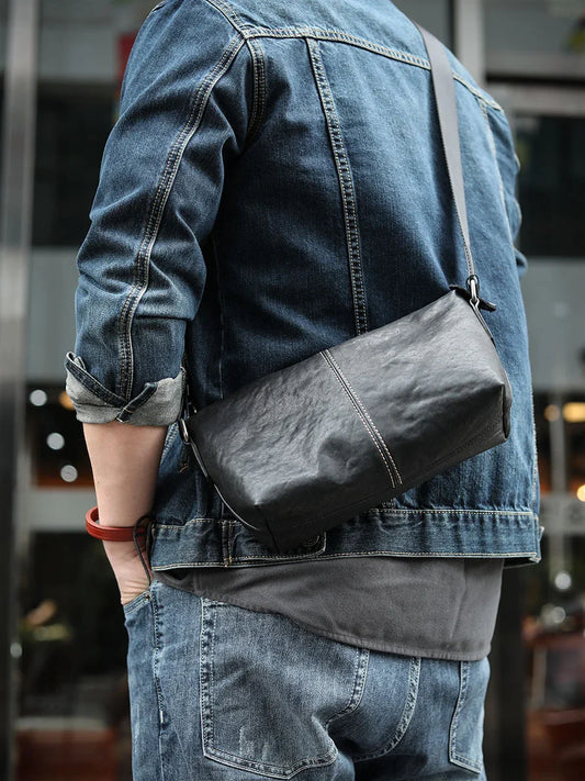 Premium light casual men's leather shoulder messenger bag with zipper closure and single strap