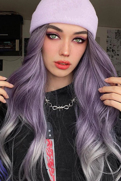 Elegant wave full-machine synthetic wig in a stunning purple and grey ombré colour, with a 26-inch length for a dramatic, full-bodied style.