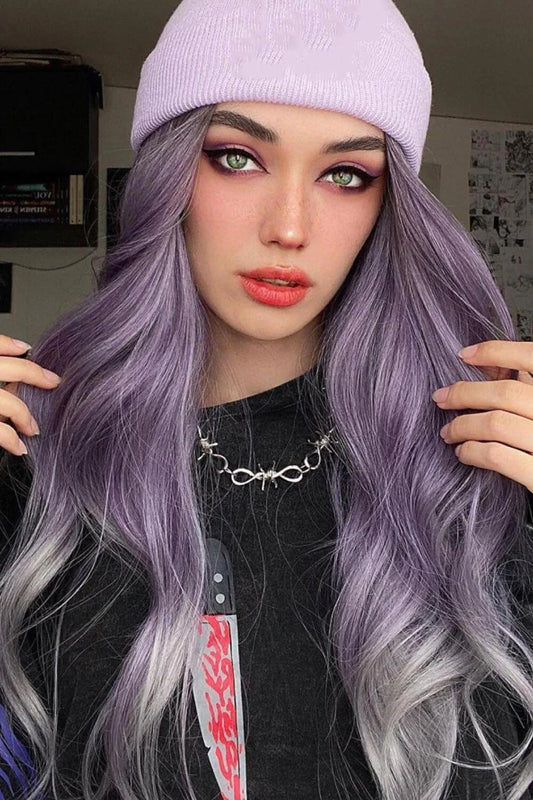 Elegant wave full-machine synthetic wig in a stunning purple and grey ombré colour, with a 26-inch length for a dramatic, full-bodied style.