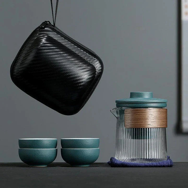 Portable Travel Tea Set Mini Set with Ceramic Teapot and Four Cups in Zen Black and Dark Green Colours