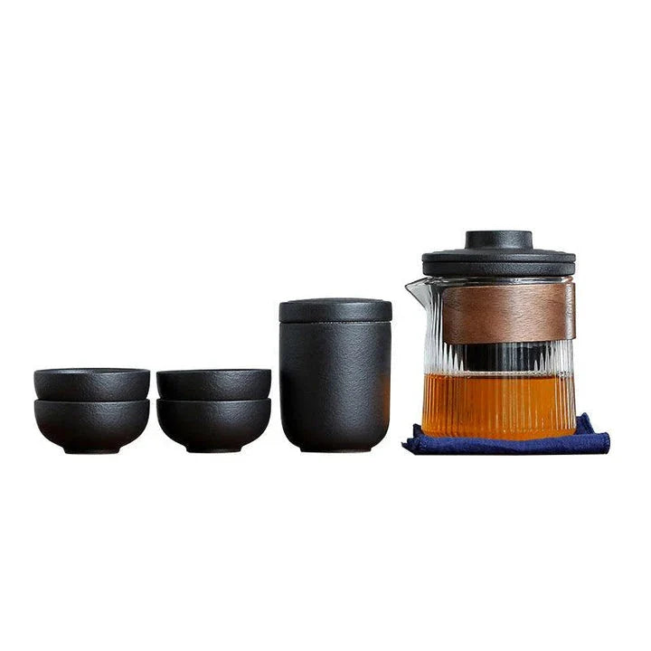 Portable Travel Tea Set Mini Set with Ceramic Teapot and Four Cups in Zen Black and Dark Green Colours