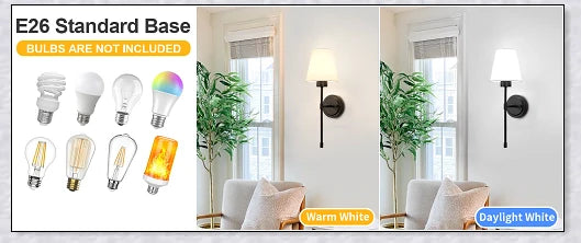 A modern, black and white wireless wall lamp with a fabric shade, providing elegant lighting for a living room or bedroom.