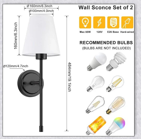 A modern, black and white wireless wall lamp with a fabric shade, providing elegant lighting for a living room or bedroom.