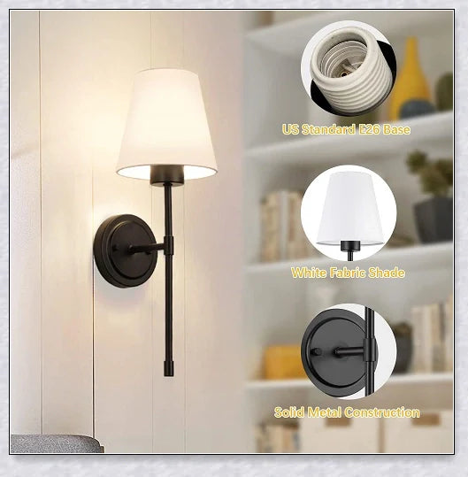 A modern, black and white wireless wall lamp with a fabric shade, providing elegant lighting for a living room or bedroom.
