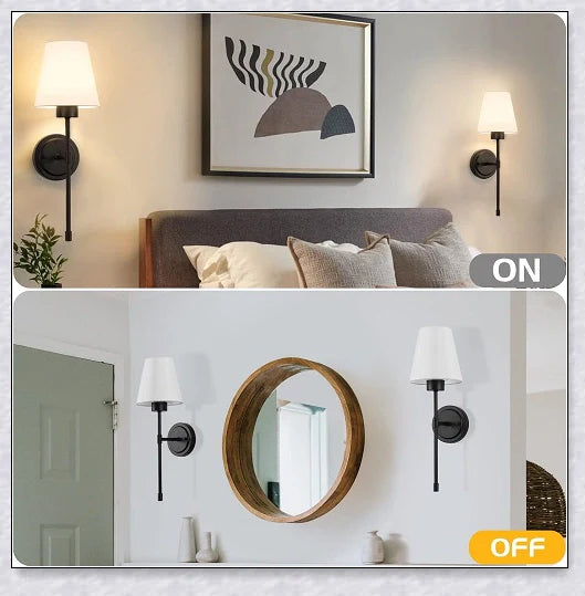 A modern, black and white wireless wall lamp with a fabric shade, providing elegant lighting for a living room or bedroom.