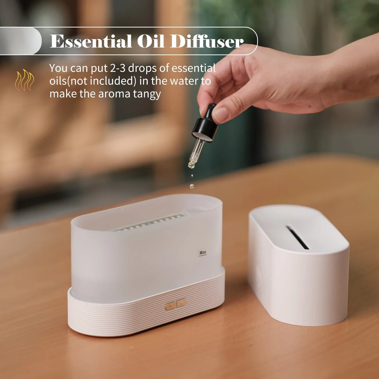 Elegant mist diffuser with realistic flame effect, designed for relaxation and aromatherapy in home, office, or yoga studio