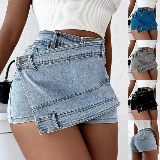 Stylish denim shorts with asymmetrical hem, available in multiple colors and sizes