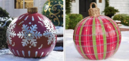 Inflatable Christmas baubles in various festive designs for outdoor holiday decoration