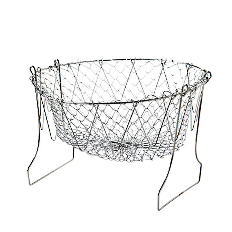Stainless steel deep-fry basket with cool-touch handles and easy draining design