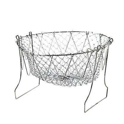Stainless steel deep-fry basket with cool-touch handles and easy draining design