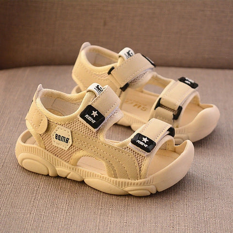 Boys' summer sandals with soft soles and anti-kick design in white, red, and blue