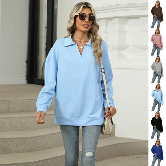 Women's Lapel V-neck Sweatshirt in solid colours with long sleeves