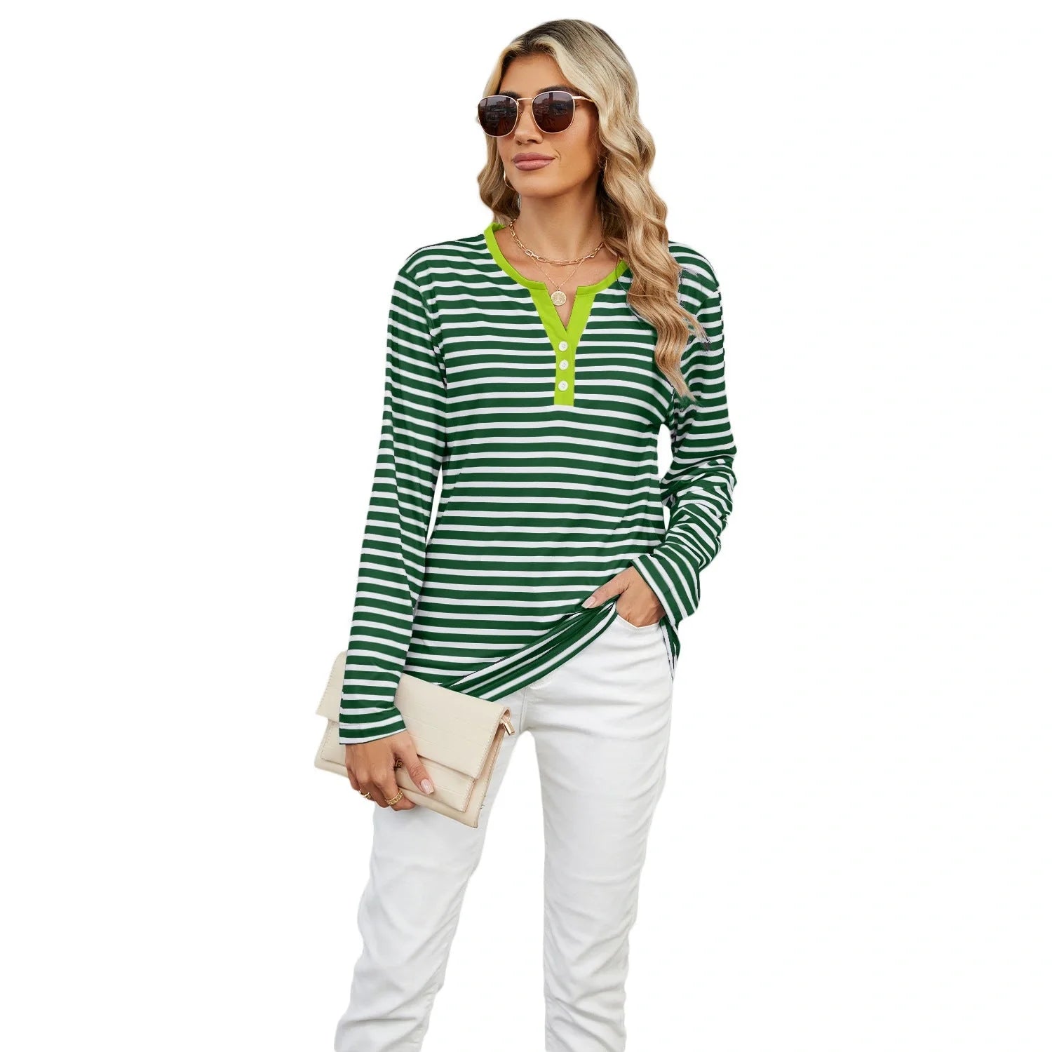 Women's V-neck striped loose long-sleeved t-shirt top in various colours