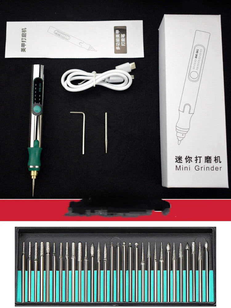 Rechargeable engraving pen with adjustable speed, mini grinder, and various accessories for personalization and crafting