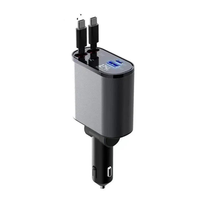 Ultra-Fast 100W Car Charger with Retractable Cable and Adjustable Connector for Rapid Smartphone, Tablet, and Laptop Charging