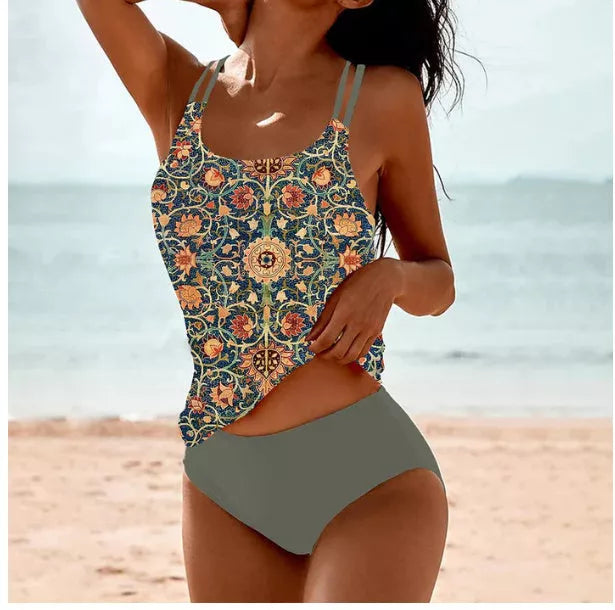 Vintage Printed Split High Waist Conservative Swimwear in black, pink, and grey green