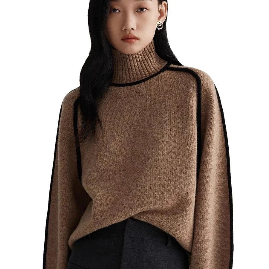 Half turtleneck knitted sweater with three-dimensional design in creamy white, floral brown, gray, and blue