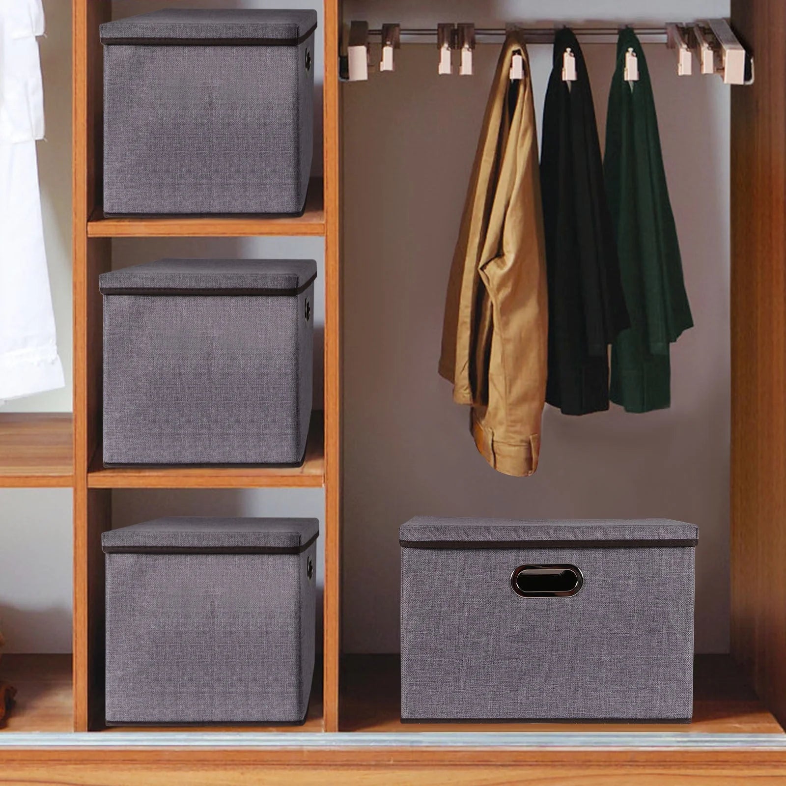 Large folding storage box set in cotton and linen, 44x30x30cm, grey colour