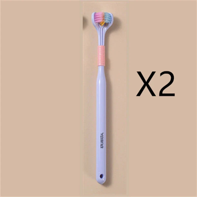 Soft bristle toothbrush with 3-sided brush head for thorough dental cleaning