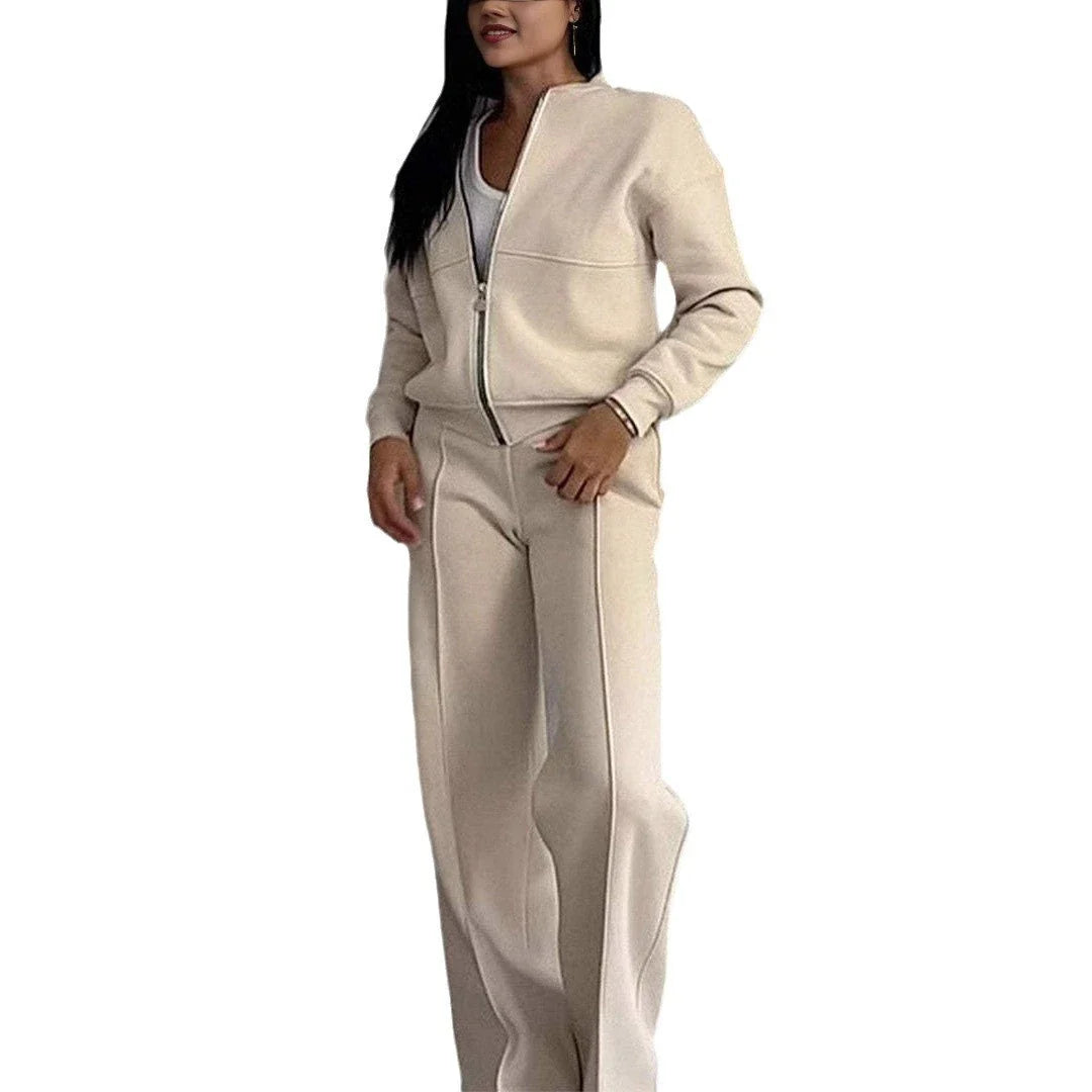 Stylish women's sports separates set with zip-up jacket and wide-leg trousers in a variety of colours