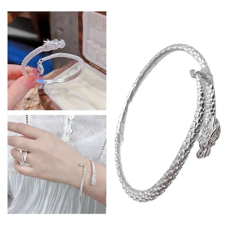 Adjustable Chinese-style dragon tail bangle bracelet with intricate dragon and phoenix decorations