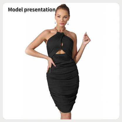 Women's halter sleeveless solid colour dress in black, green, or reddish brown