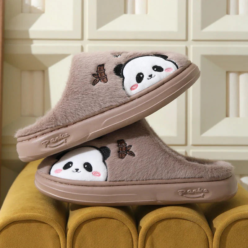 Cozy cartoon panda slippers with plush lining and anti-slip soles for comfortable indoor wear