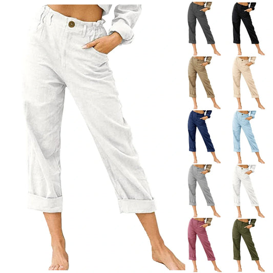Women's cotton linen patchwork pants with drawstring back and elastic waist in various colours