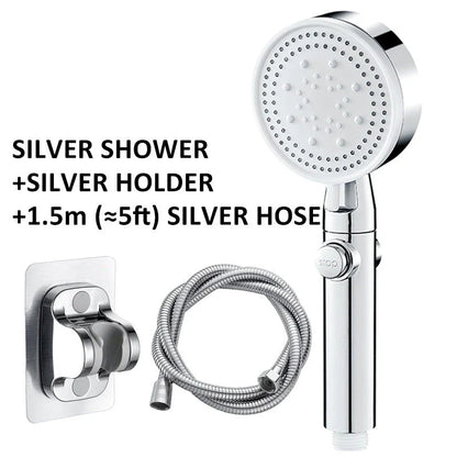 Premium high-pressure shower head with 5-speed supercharged spray patterns, large water output, and modern minimalist design