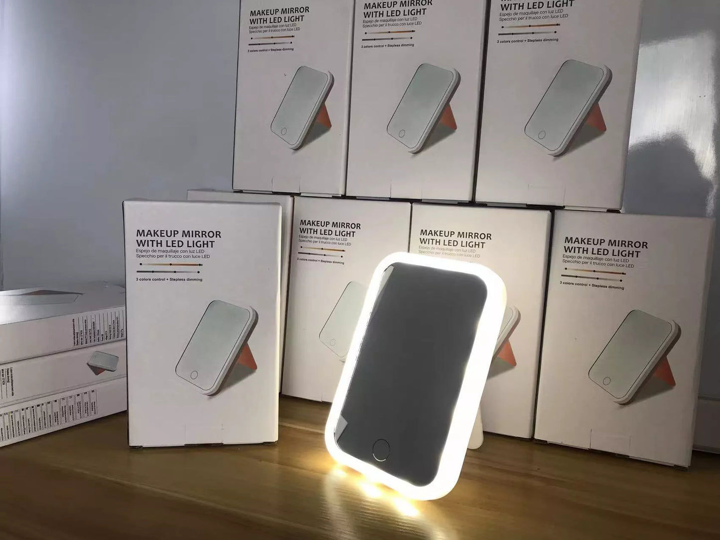 Square LED Makeup Mirror with smart touch in pink or white