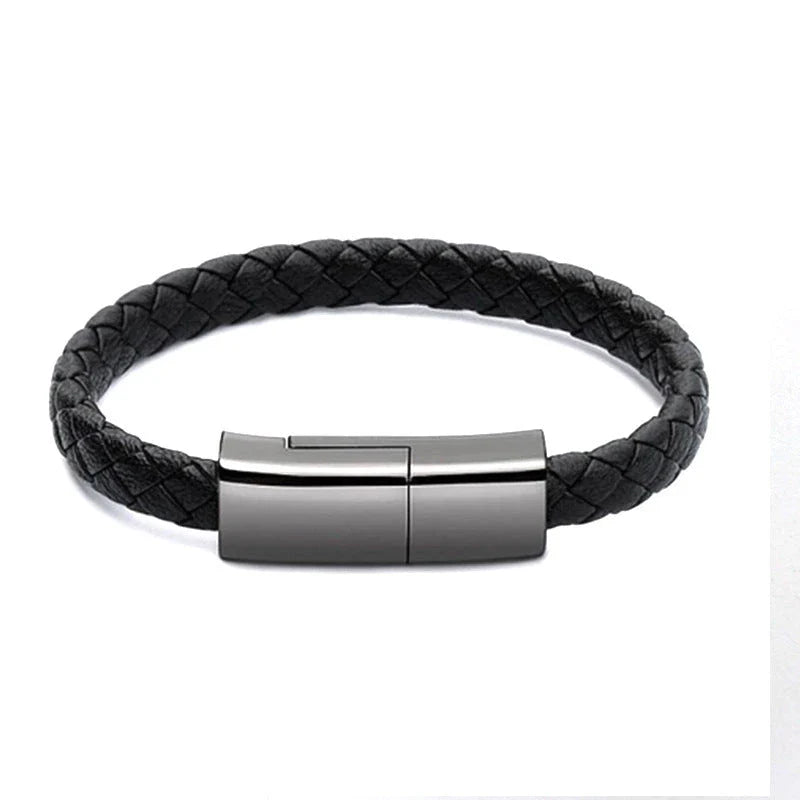 Stylish data cable bracelet in black, white, and brown colors with android, apple, and USB-C connectors