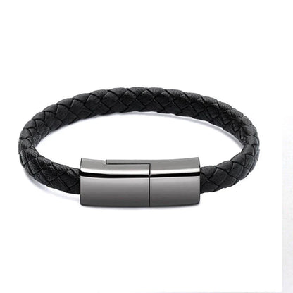 Stylish data cable bracelet in black, white, and brown colors with android, apple, and USB-C connectors