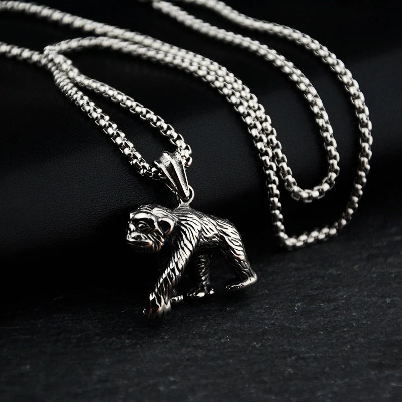 Geometric titanium steel pendant necklace with gibbon monkey design