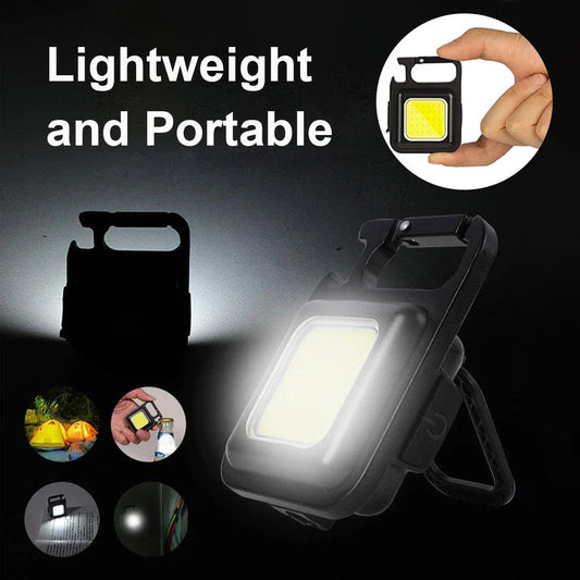 Powerful USB-rechargeable keychain flashlight with three lighting modes, magnetic base, and foldable handle for outdoor and emergency use