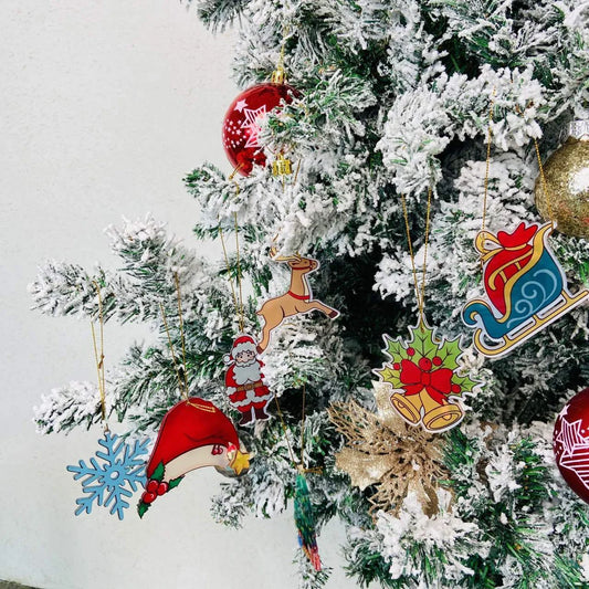 Festive car ornament hanging from rearview mirror with Christmas designs