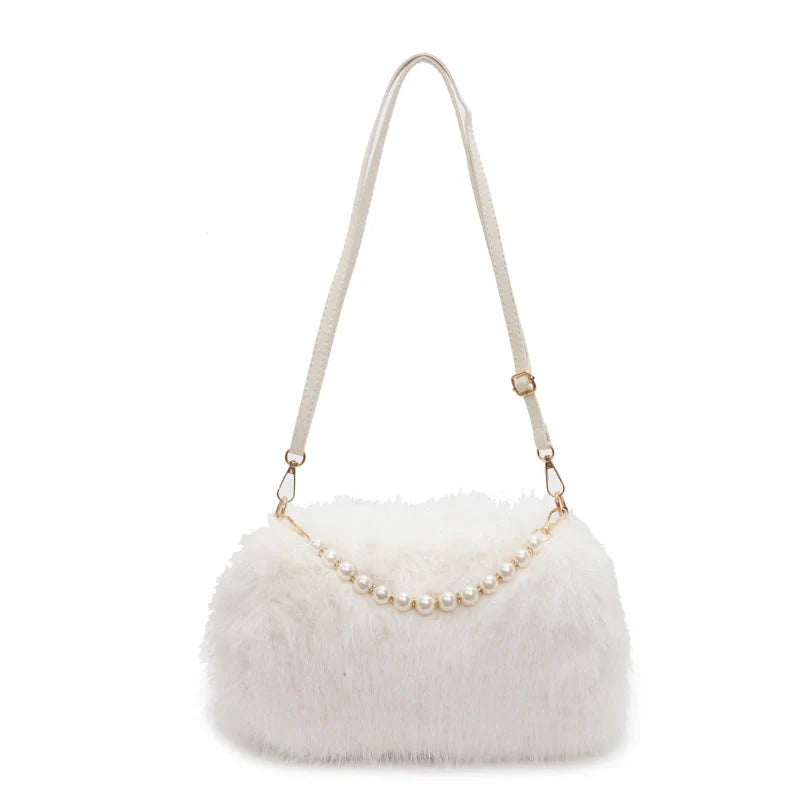 Plush pearl chain crossbody bag in various colours for autumn and winter fashion