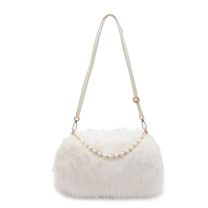 Plush pearl chain crossbody bag in various colours for autumn and winter fashion