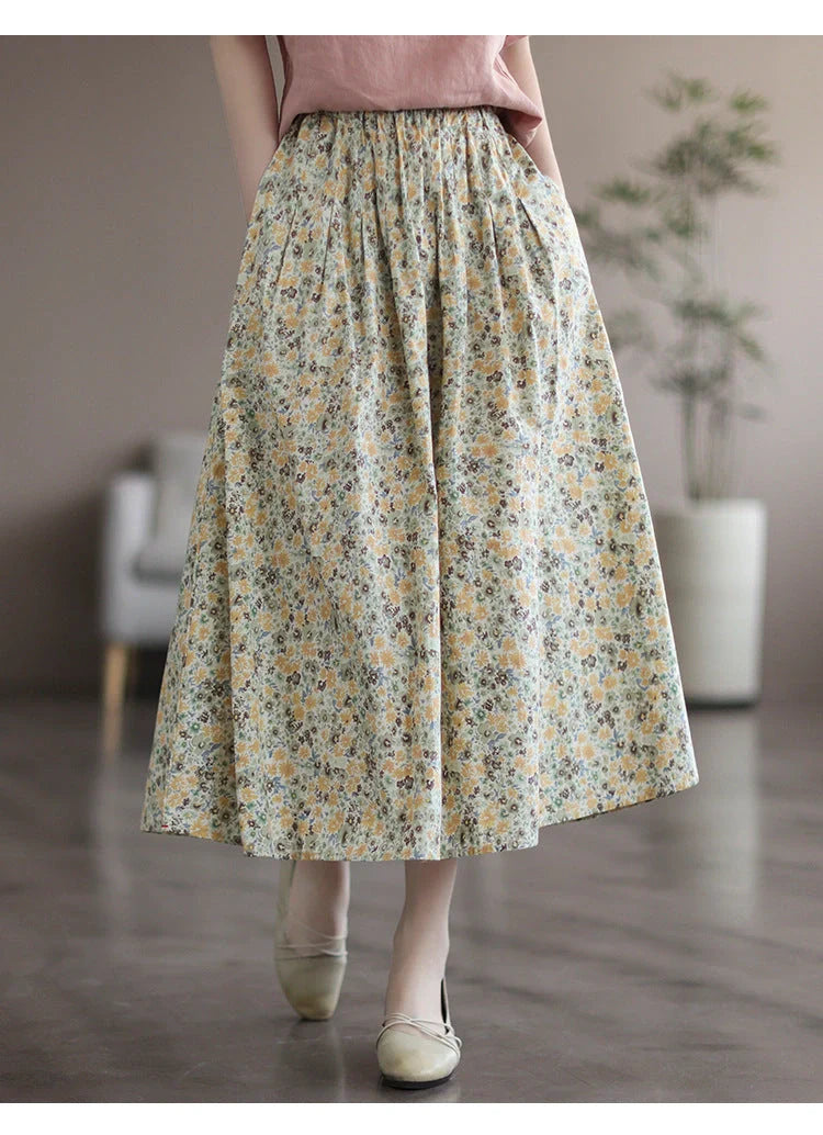 Artistic Floral Washed Cotton Skirt with little yellow and blue flowers, urban leisure style