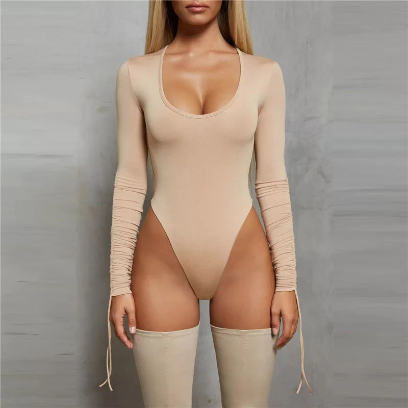 Elegant long sleeve bodysuit with scoop neckline, stretch material, and adjustable drawstrings for a customised fit