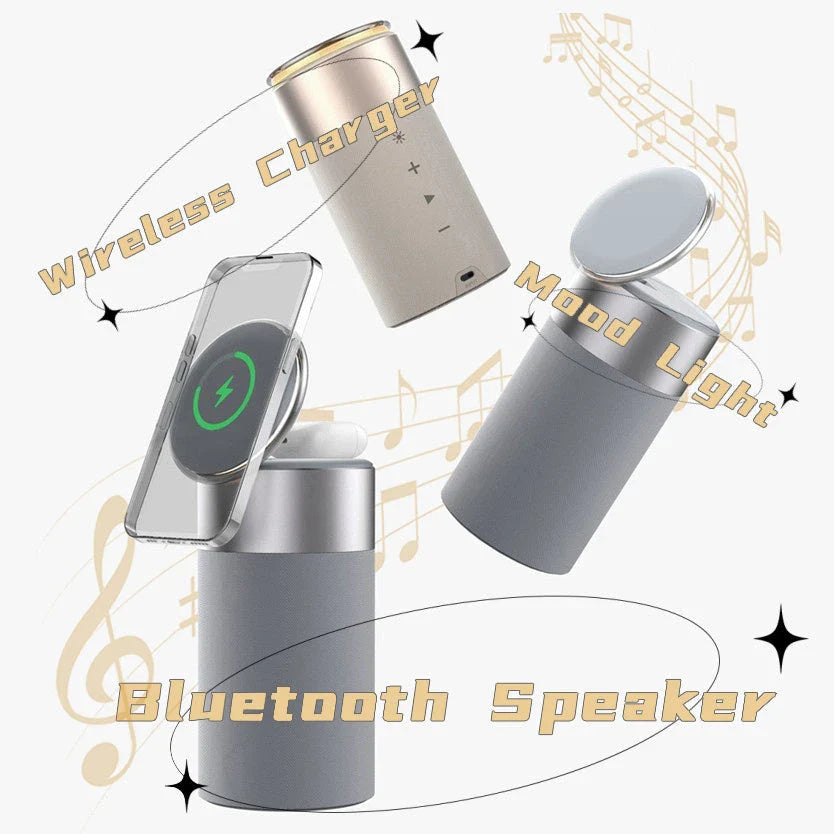 A 3-in-1 device that combines a wireless charger, Bluetooth speaker, and touch-controlled lamp for versatile functionality in the home or office.