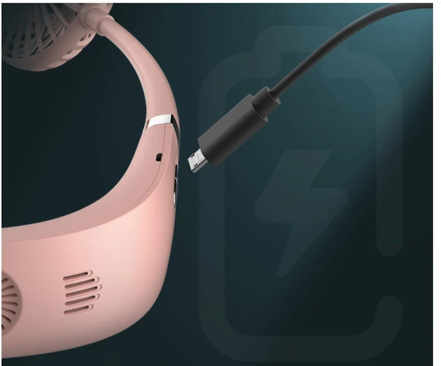 Adjustable hanging neck fan in black, pink, and white with USB charging