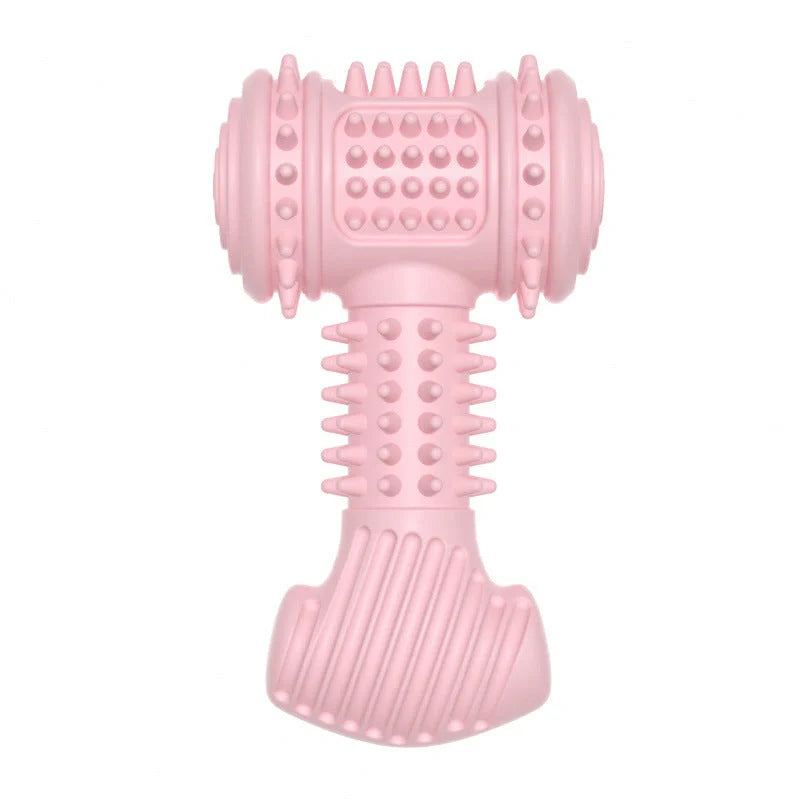 Indestructible TPR dog chew toy in blue, pink, and green for teeth cleaning and anxiety relief