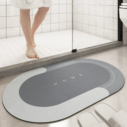 Plush, machine-woven bathroom mat with non-slip surface, available in rectangle and oval shapes in a variety of colours.